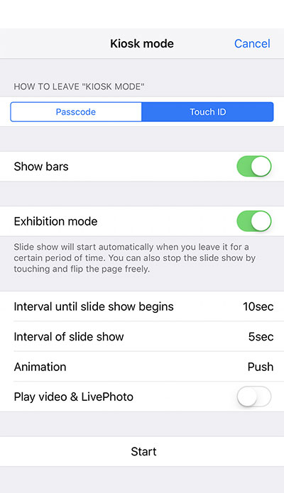 Pictream app slideshow settings